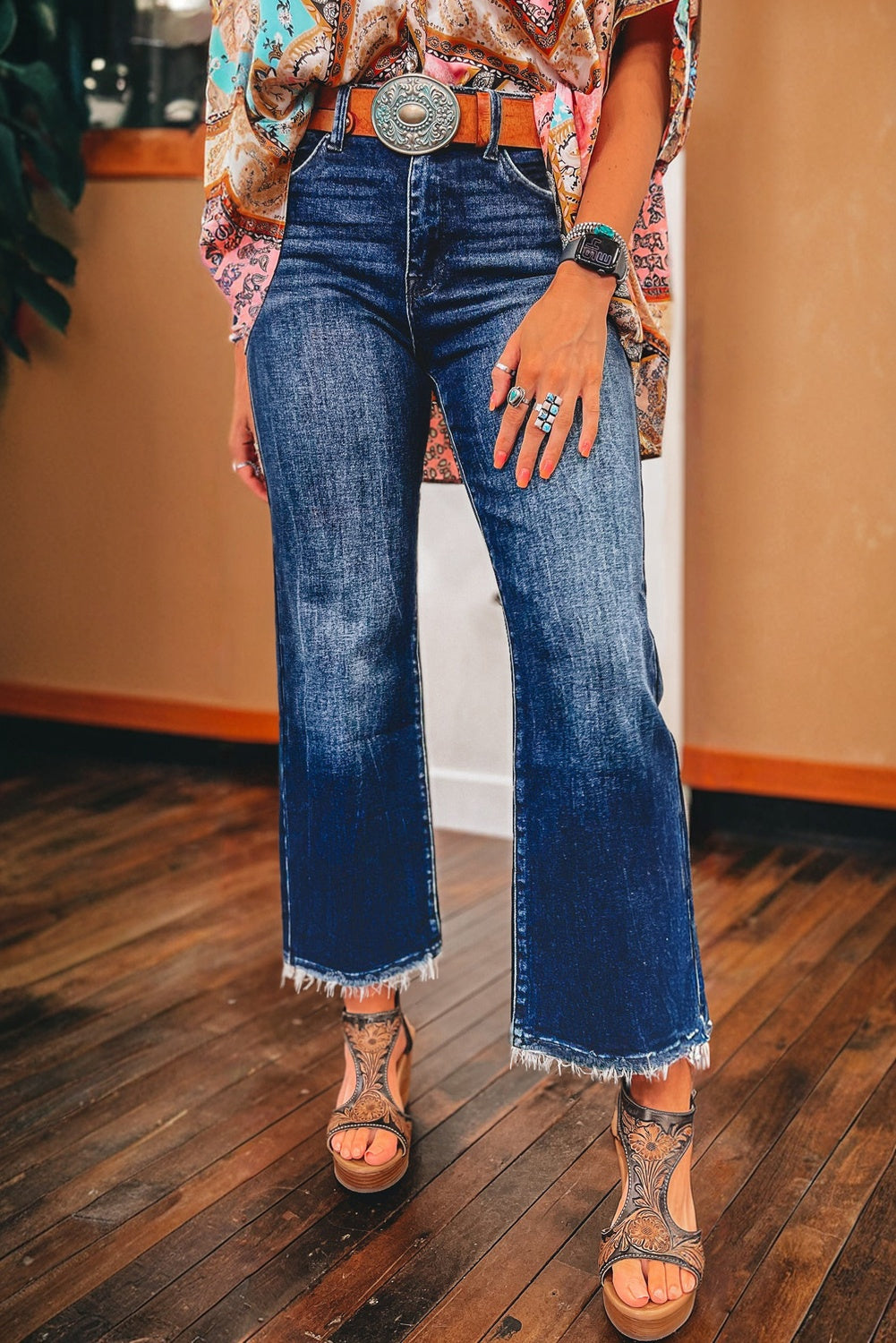 Beau Blue Mineral Wash Raw Hem High Waist Flared Jeans