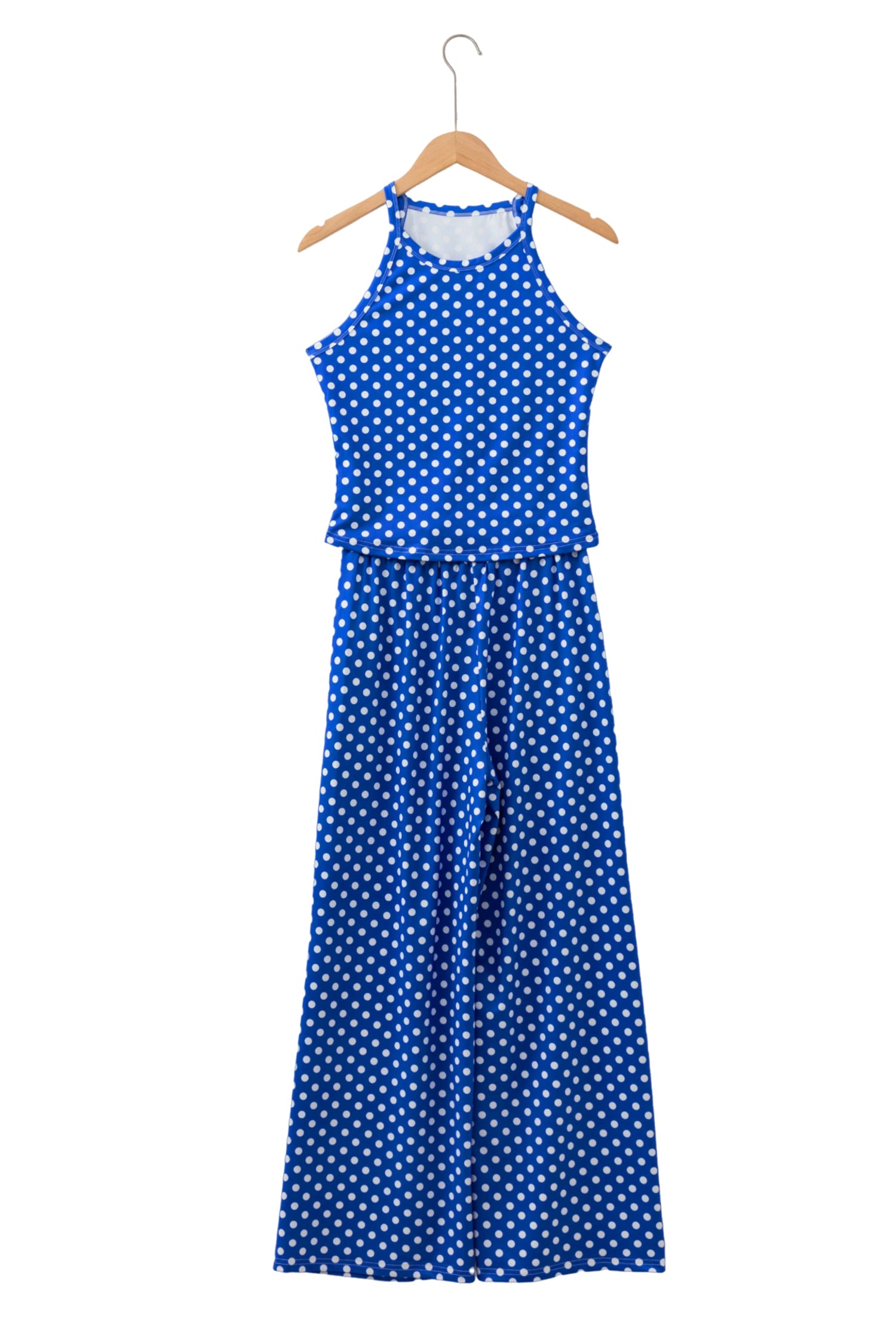 Blue Polka Dot Print Slim Tank Loose Pants 2pcs Outfit