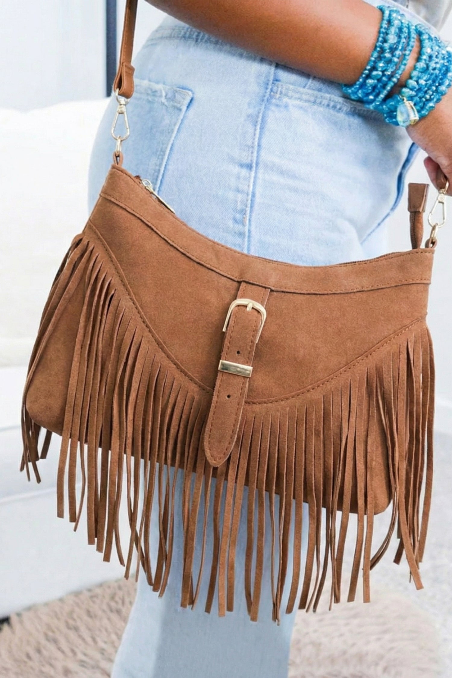 Coffee Faux Suede Boho Fringe Hobo Shoulder Bag