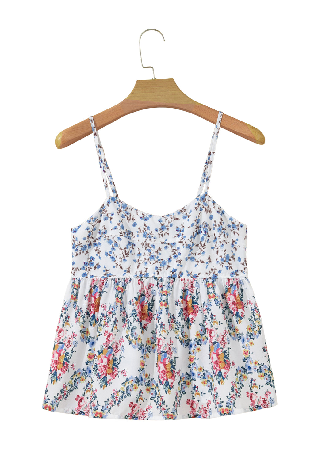 White Contrast Floral Printed Patchwork Spaghetti Straps Babydoll Top