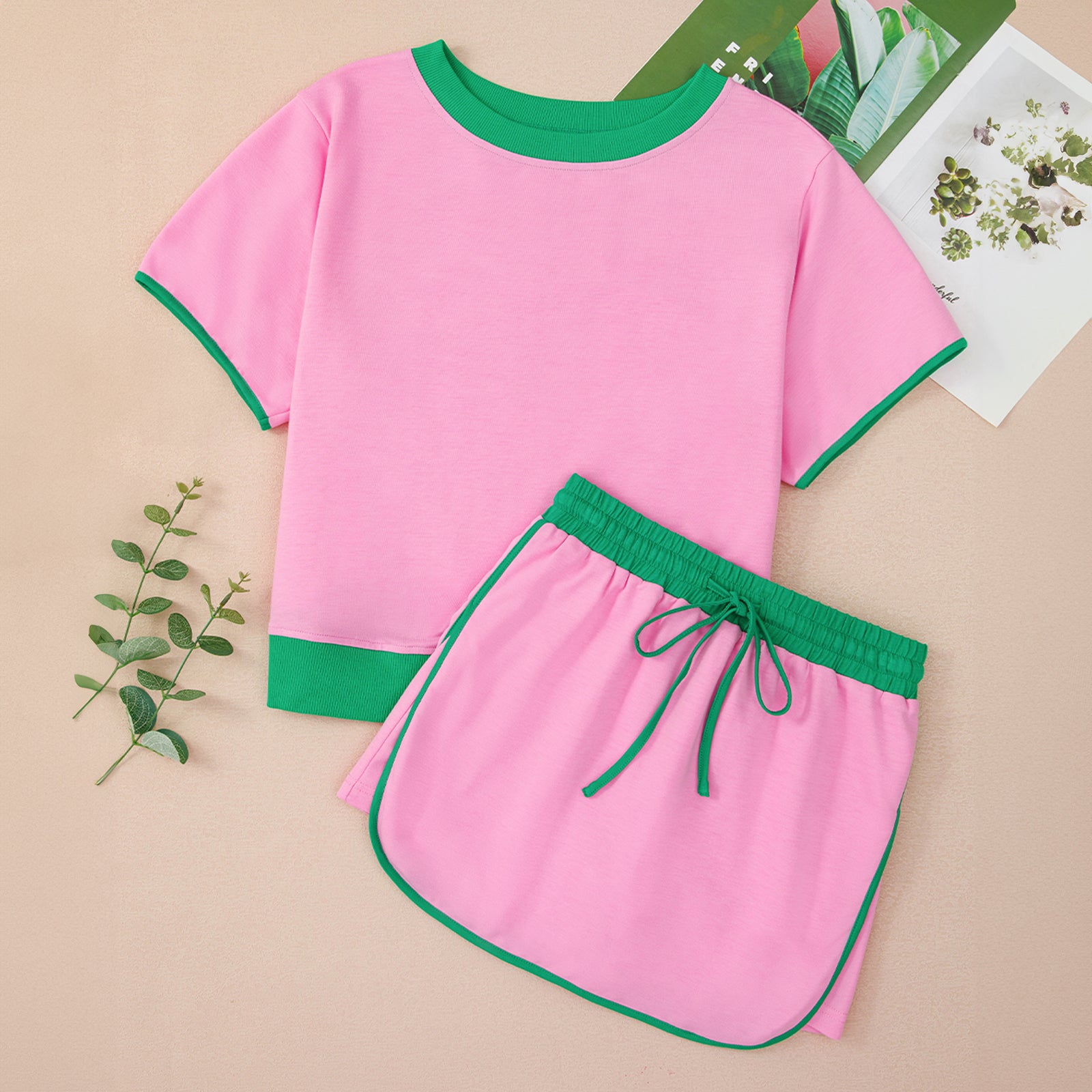 Apricot Colorblock Edge Drop Shoulder T Shirt and Skort 2Pcs Set