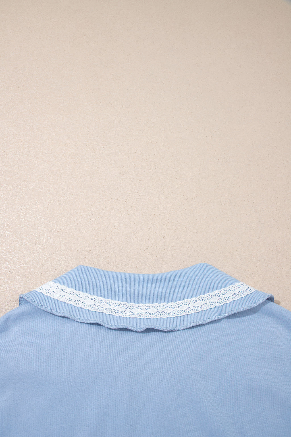 Sky Blue Lace Accent Zipped Collar Short Sleeve Top Sweatpants Set