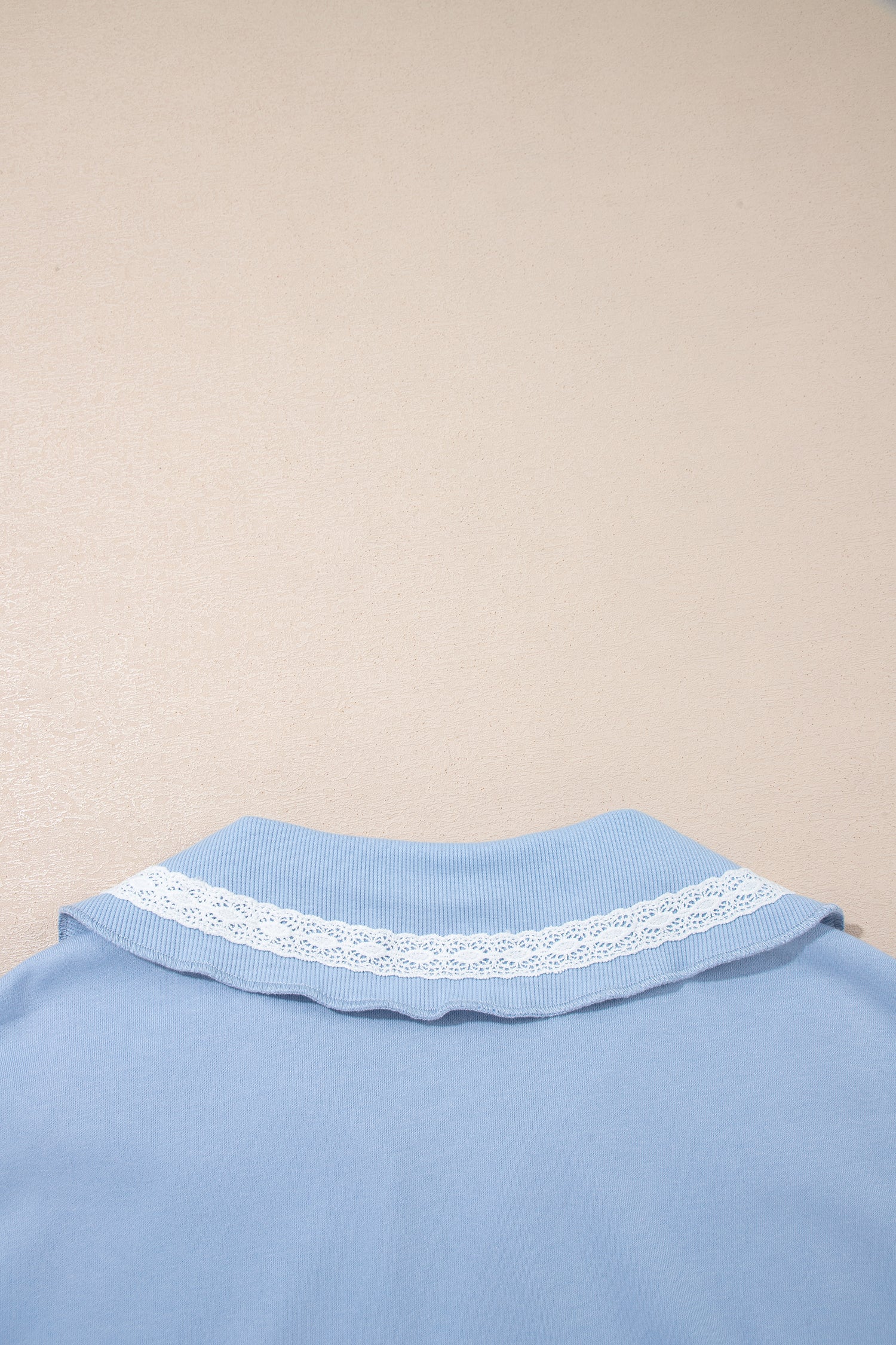 Sky Blue Lace Accent Zipped Collar Short Sleeve Top Sweatpants Set