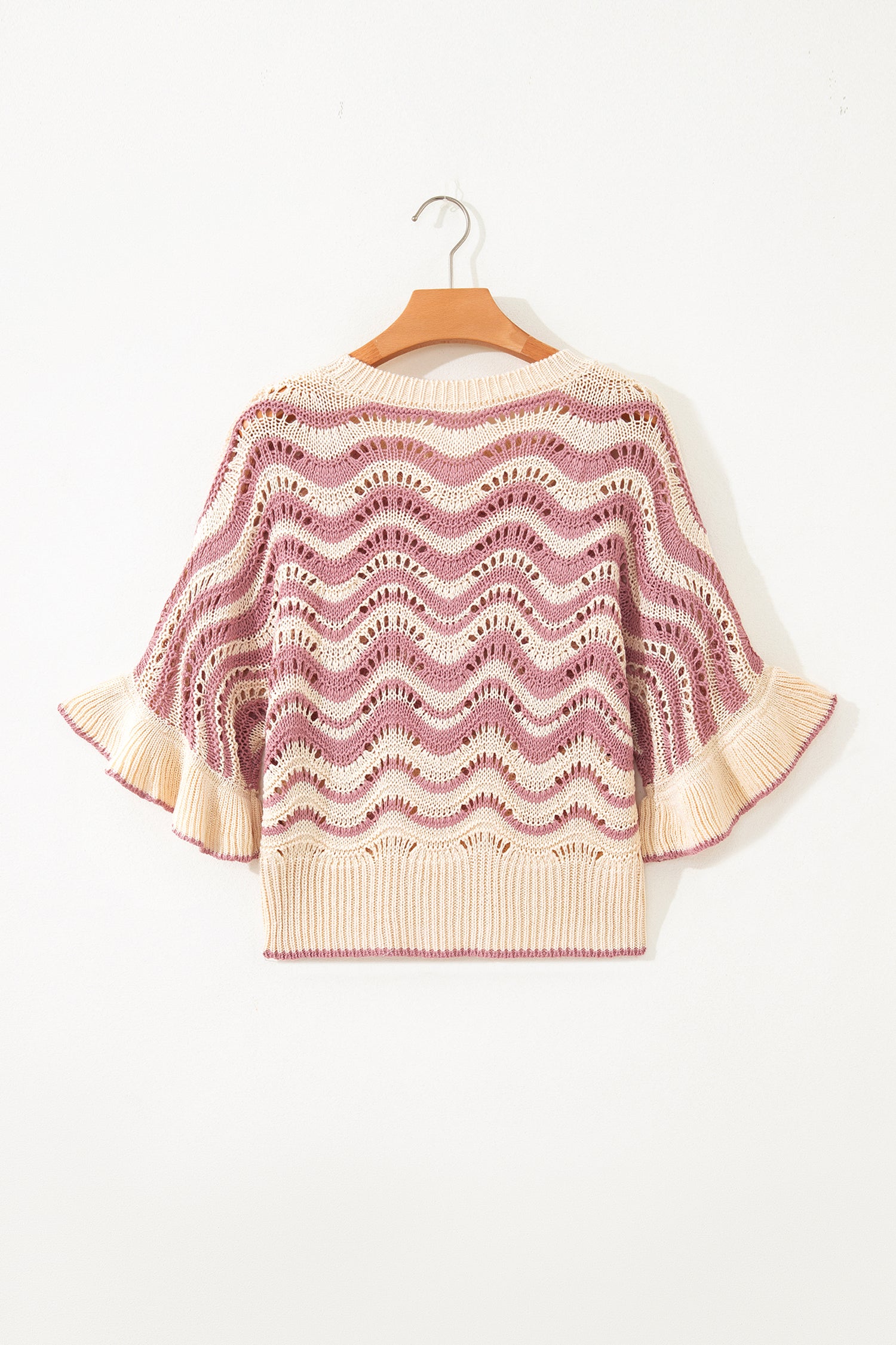 Black Stripe Wavy Crochet Eyelet Detail Ruffle Half Sleeve Sweater