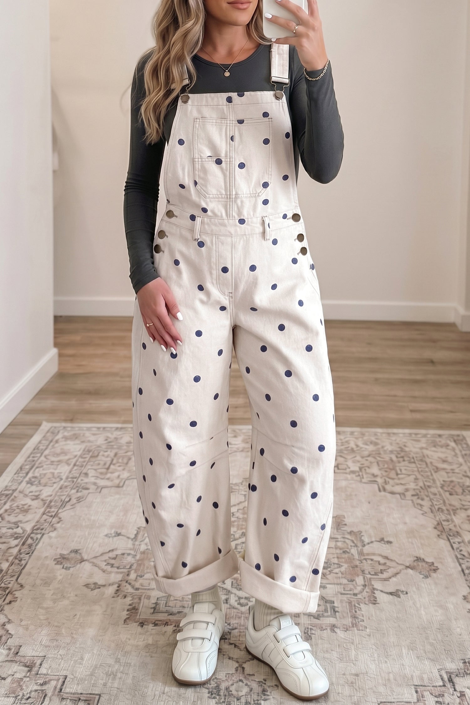 Light French Beige Polka Dot Print Bib Pocket Denim Barrel Overalls Jumpsuit