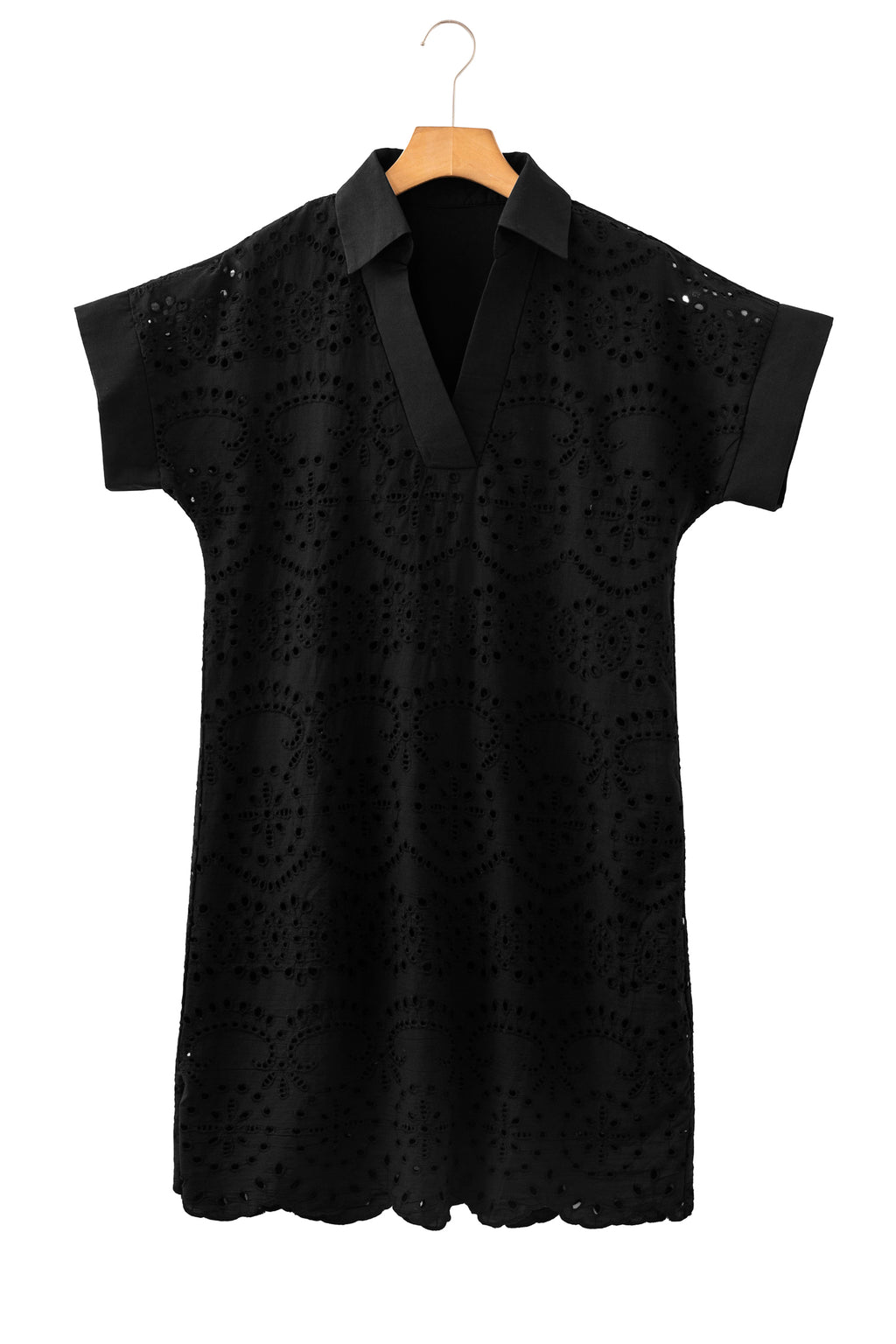 Black Solid Color Eyelet Embroidered T Shirt Mini Dress