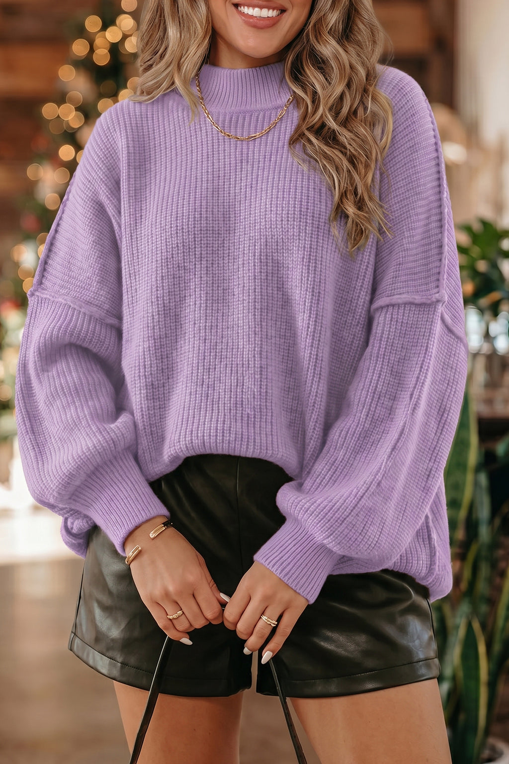 Chestnut Long Sleeve Ribbed Knit Stand Neck Regular Fit Sweater