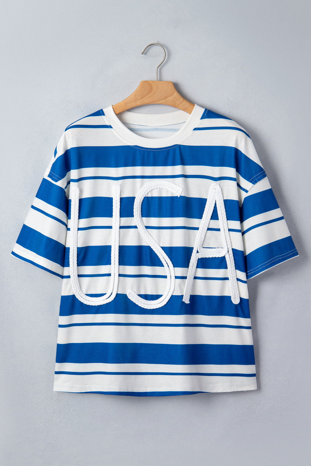 Blue Stripe USA Graphic Drop Shoulder Half Sleeve Loose T Shirt