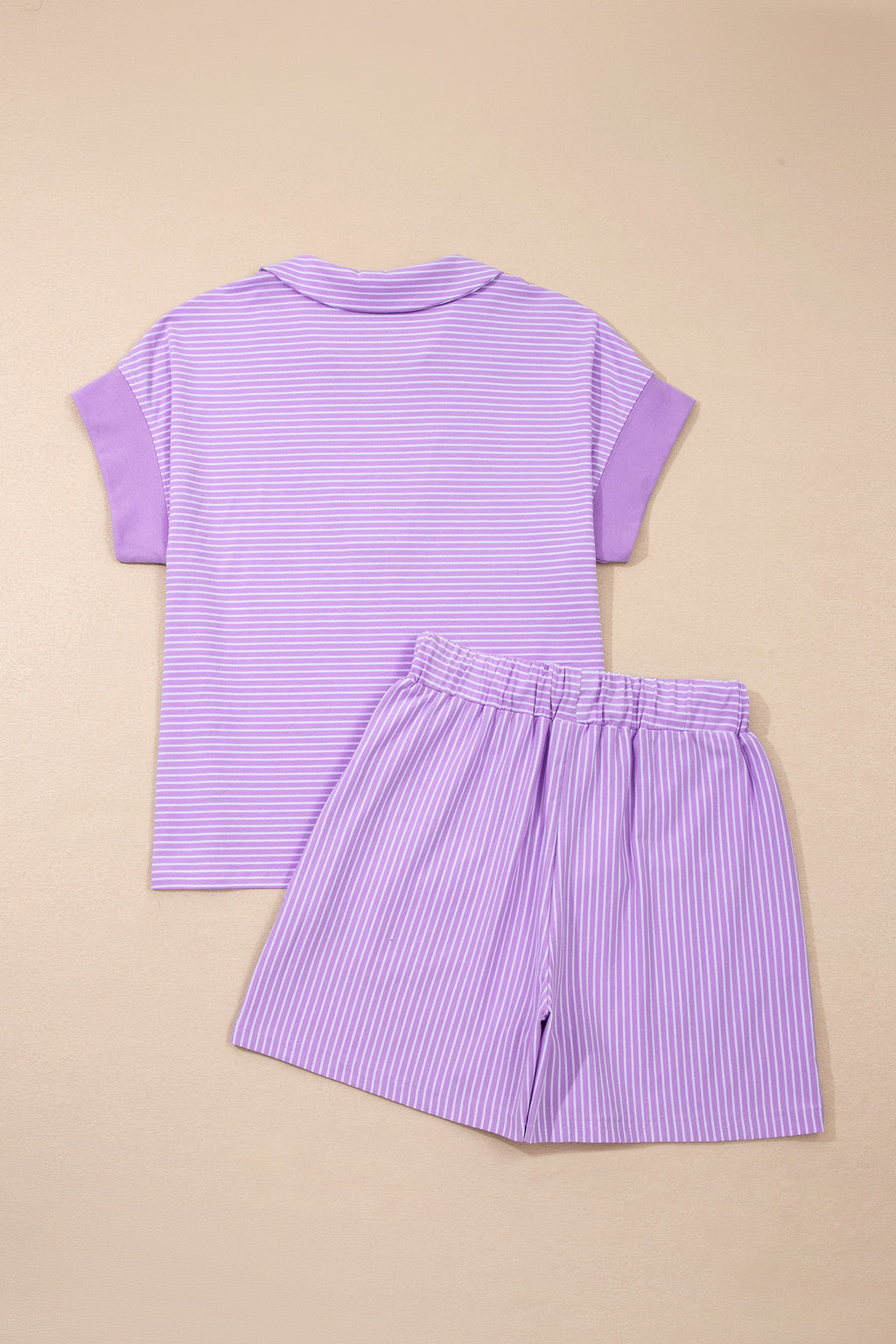Khaki Stripe Dolman Sleeve Polo Shirt and Drawstring Shorts Set