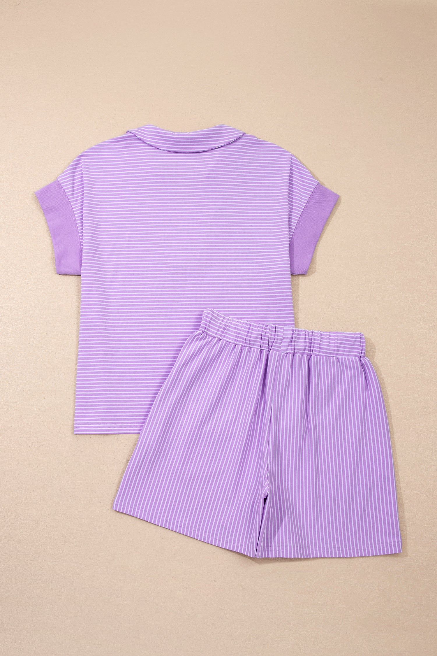 Khaki Stripe Dolman Sleeve Polo Shirt and Drawstring Shorts Set