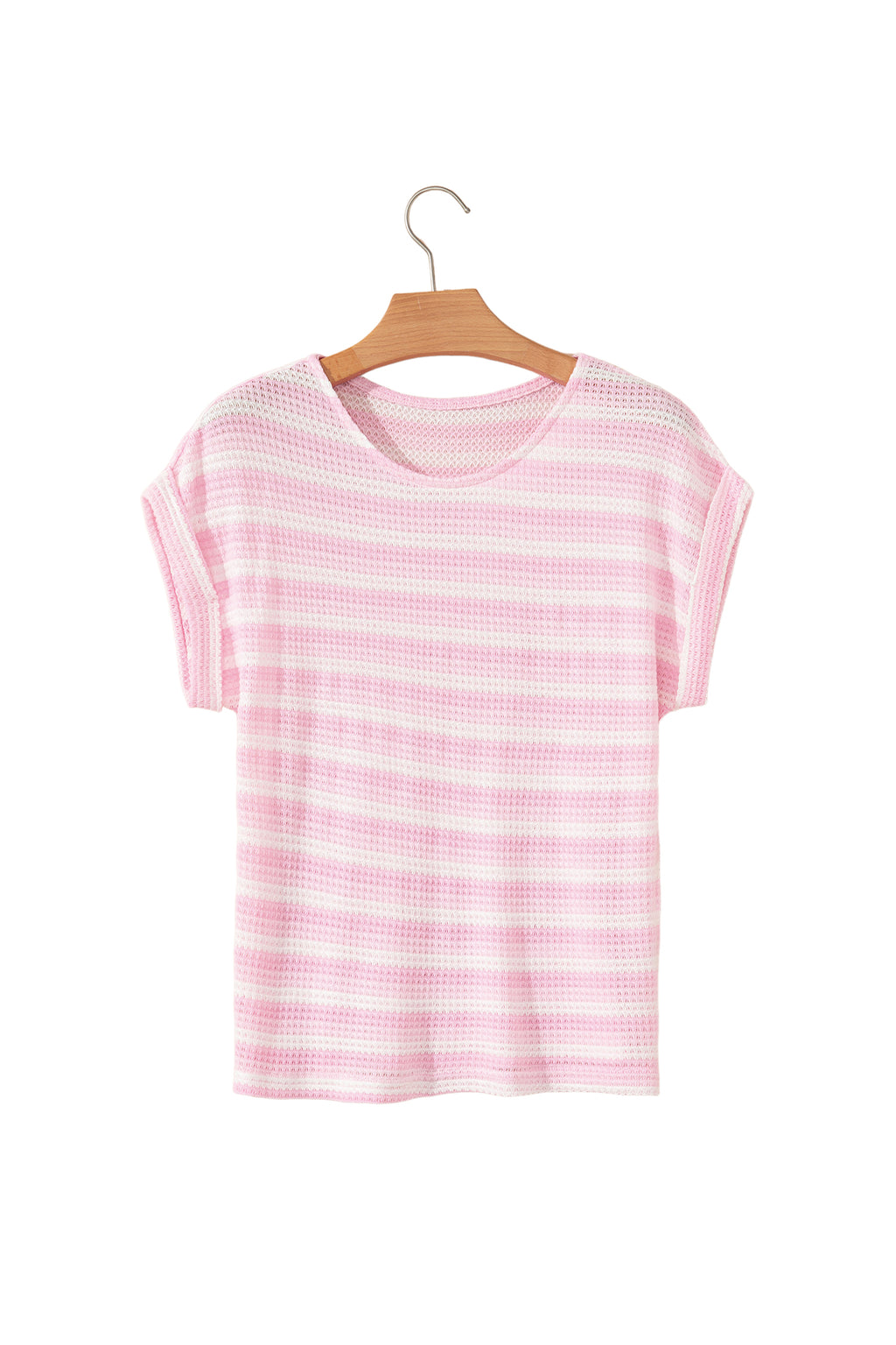 Pink Striped Print Waffle Knit T Shirt