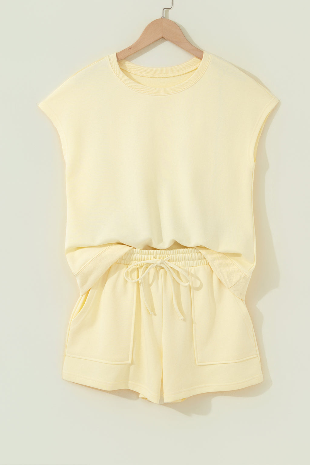 Yellow Cream Solid Color Tee Drawstring Shorts Comfy 2pcs Set