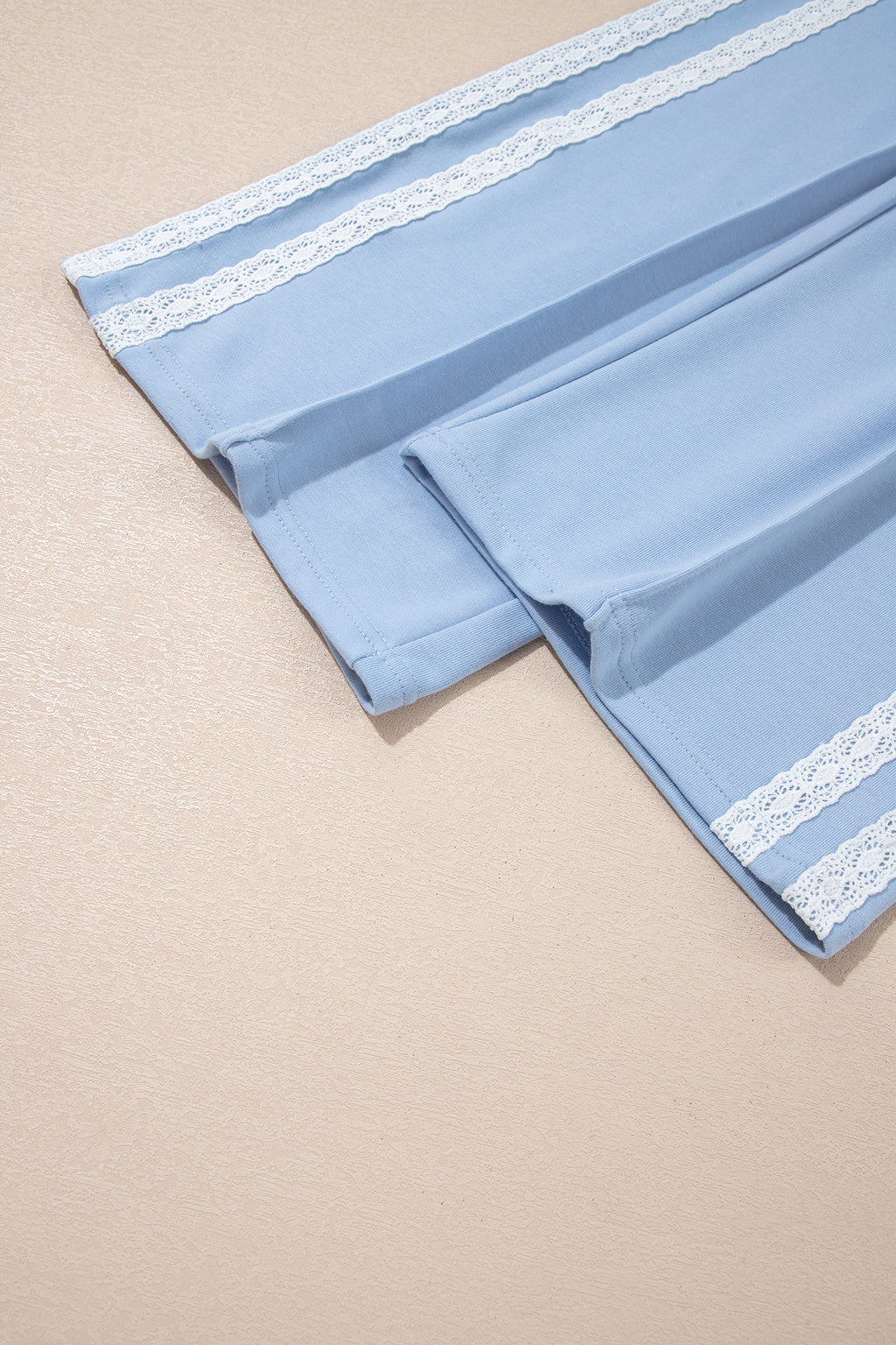 Sky Blue Lace Accent Zipped Collar Short Sleeve Top Sweatpants Set
