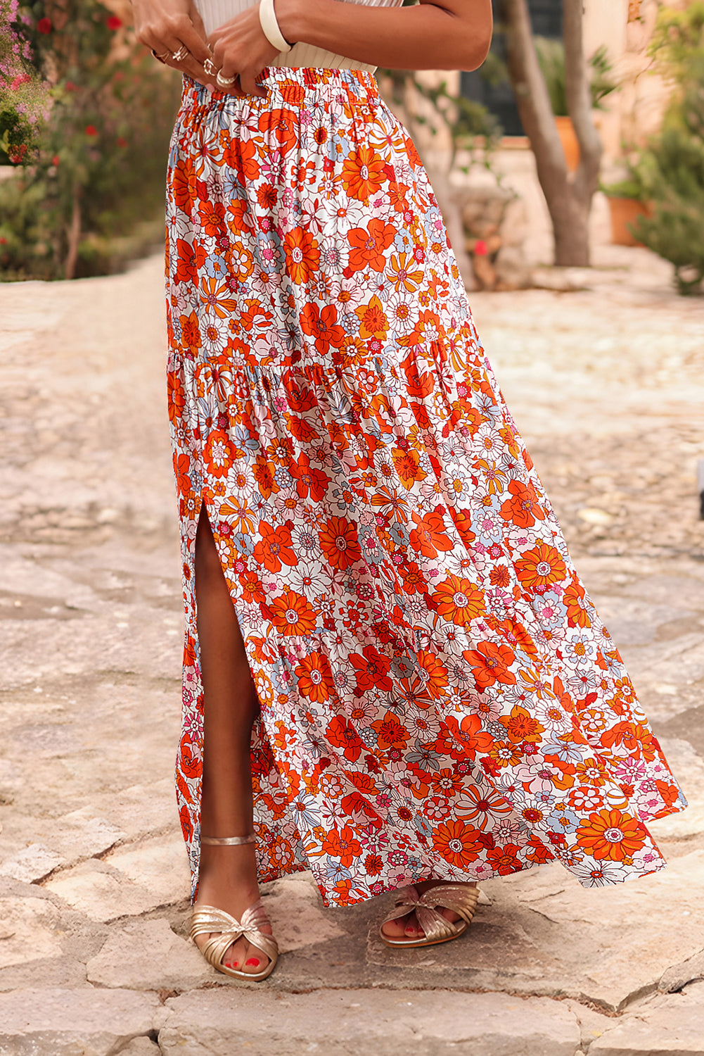 Blue Bohemian Floral Print Tiered Maxi Skirt with Split