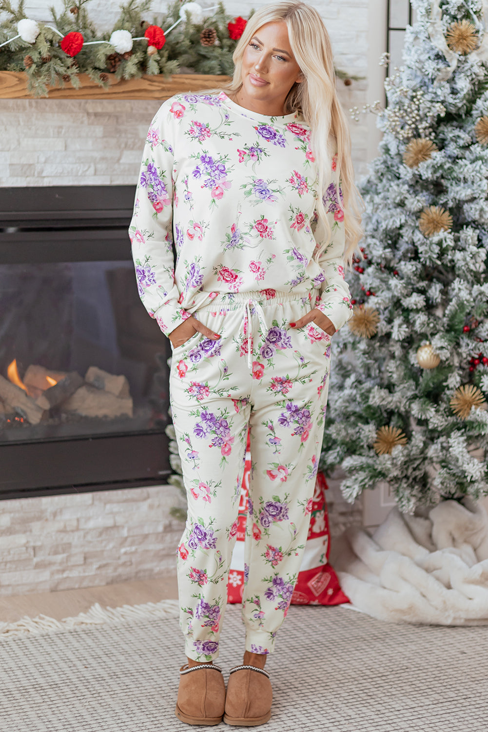 Apricot Floral Print Pullover Drawstring Lounge Pants Set