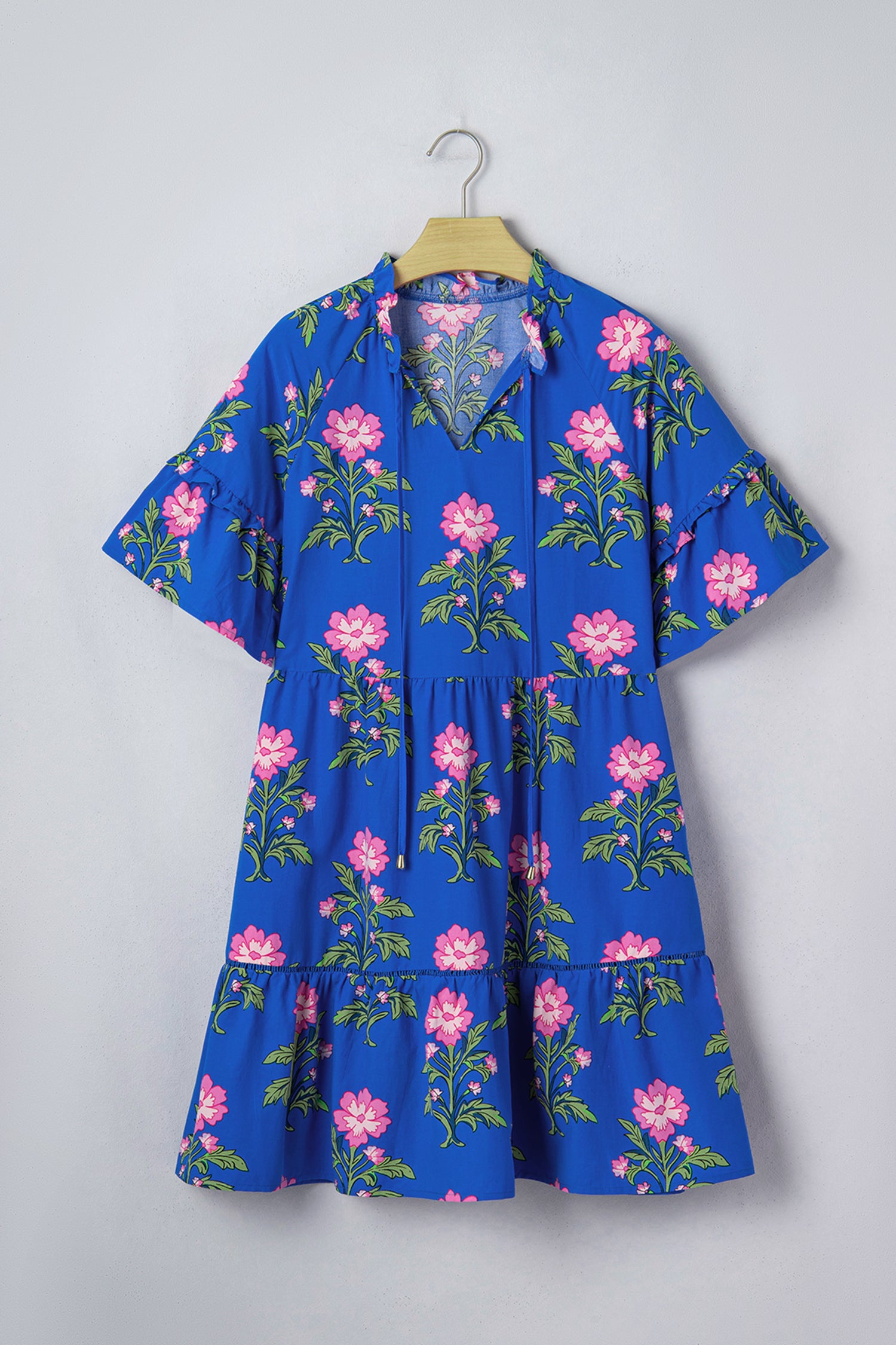 Blue V Neck Short Sleeve Loose Flower Dress