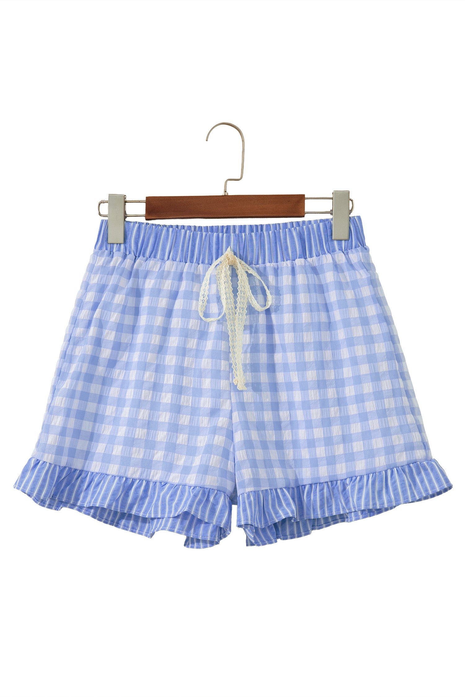 Red Gingham Print Ruffle Striped Detail Lace Tie Shorts