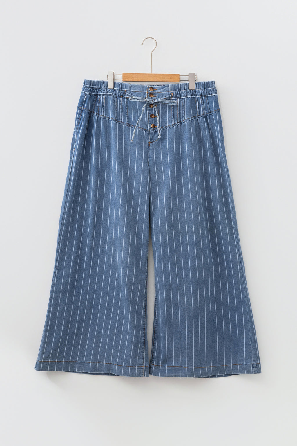 Sky Blue Stripe Plus Size Buttoned Loose Wide Leg Denim Pants