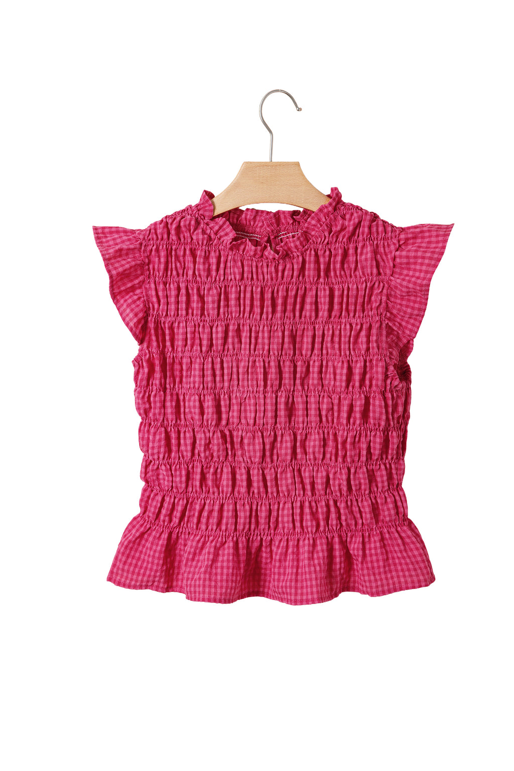 Red Plaid Shirred Ruffle Trim Tank Top