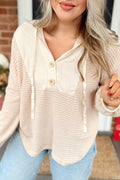 Oatmeal Waffle Patchwork Drop Shoulder Hooded Long Sleeve Top