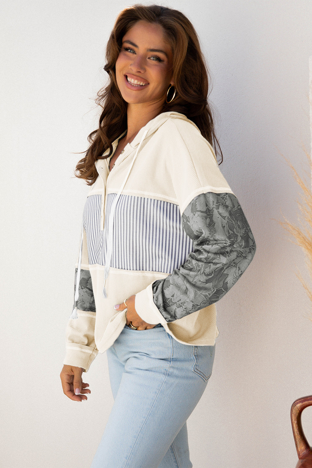Gray Waffle Printed Patchwork Drawstring Hooded Long Sleeve Top