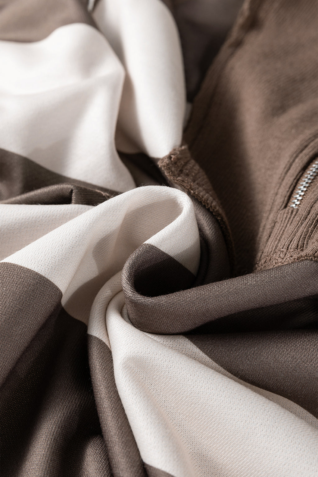 Brown Striped Color Block Zip Collar 3/4 Sleeve Oversize Sweatshirt