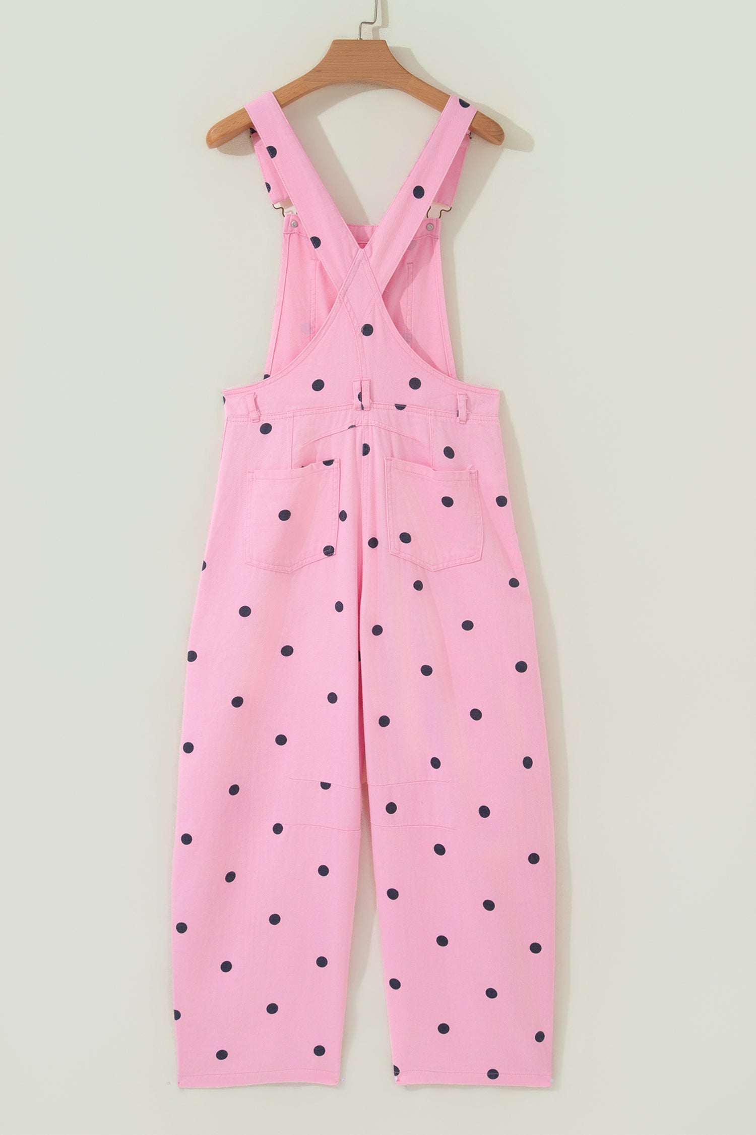Light French Beige Polka Dot Print Bib Pocket Denim Barrel Overalls Jumpsuit