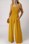 Green Smocked Sleeveless Wide Leg Jumpsuit with Pockets