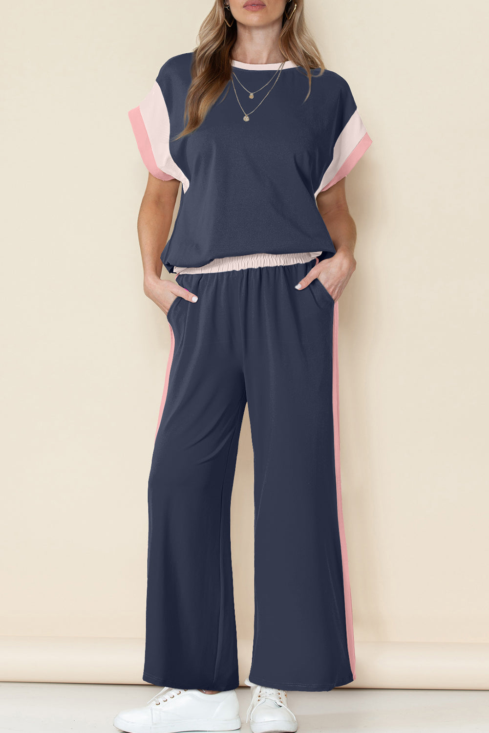 Racing Red Color Block Detail Casual Two-piece Set