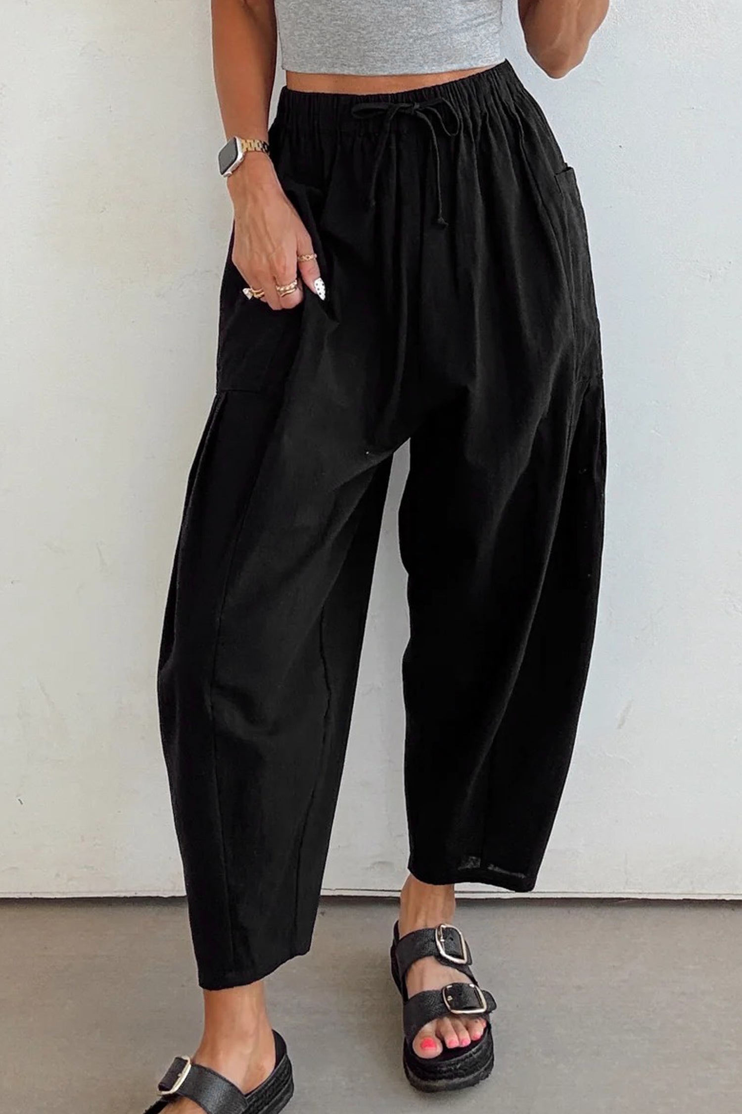 Jungle Green Drawstring Elastic Waist Patch Pocket Barrel Leg Casual Pants
