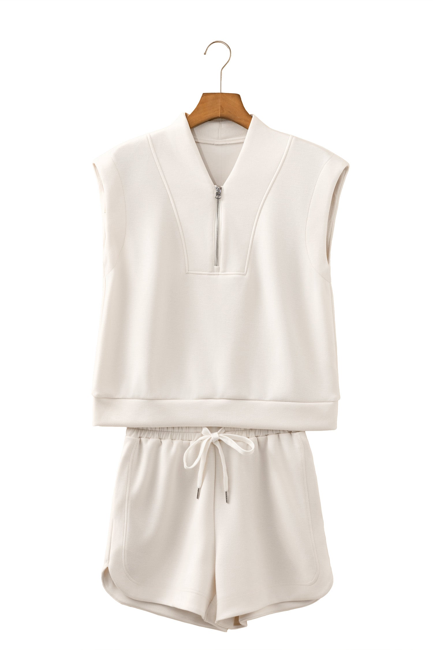 Oatmeal Quarter Zip Sleeveless Top Drawstring Shorts Casual 2pcs Outfit