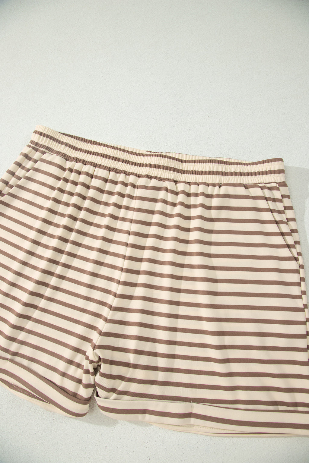 Brown Stripe Plus Size Half Buttons Top and Shorts Set