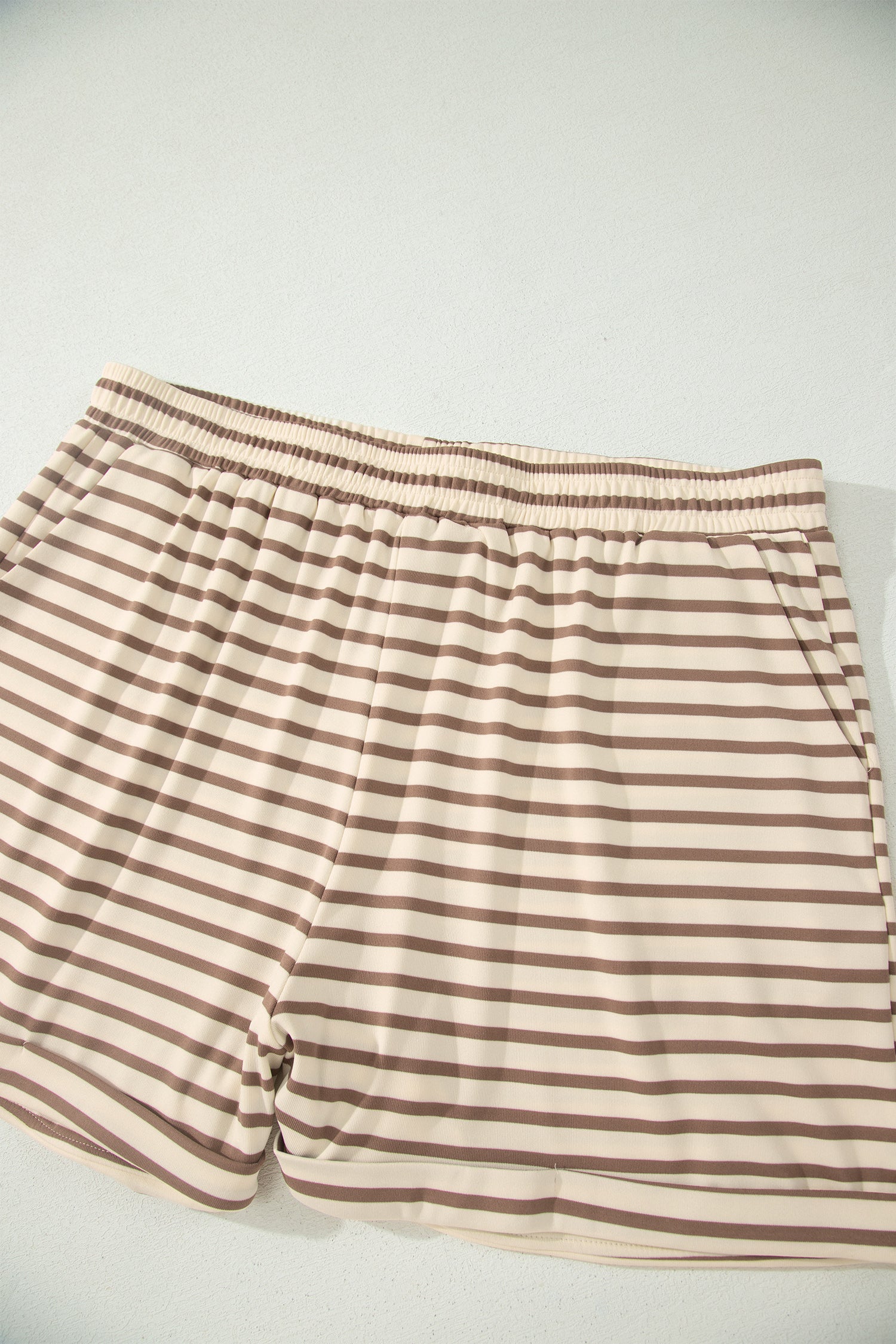 Brown Stripe Plus Size Half Buttons Top and Shorts Set
