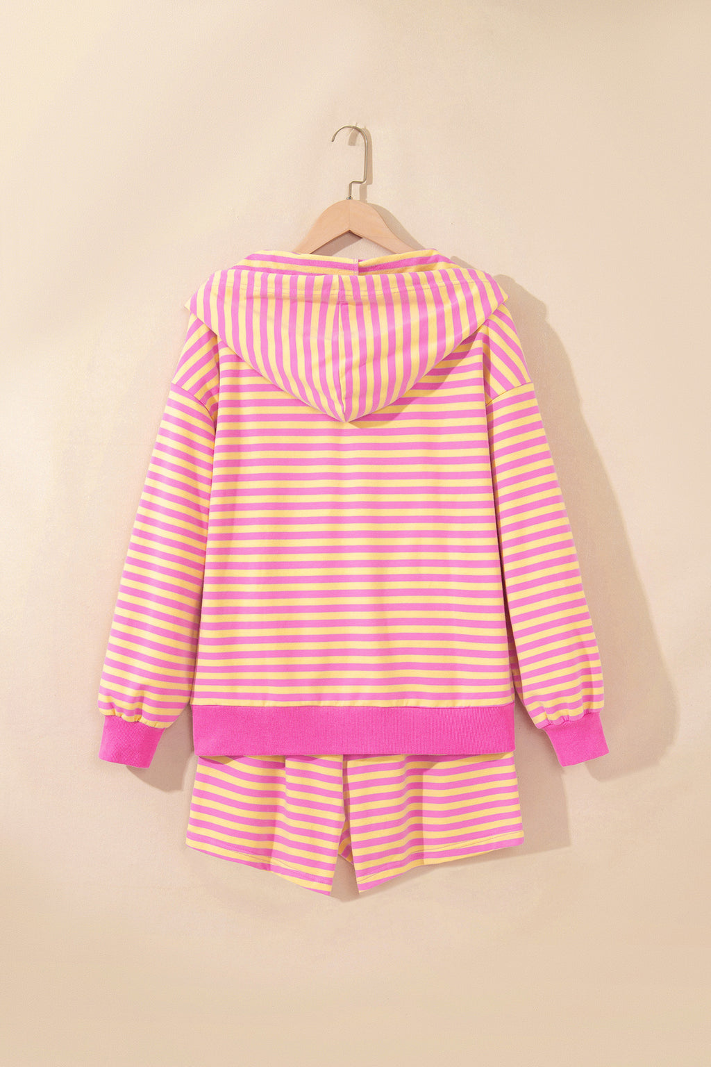 Rose Red Striped Long Sleeve Zip-Up Hoodie Drawstring Elastic Waist 2pcs Short Set