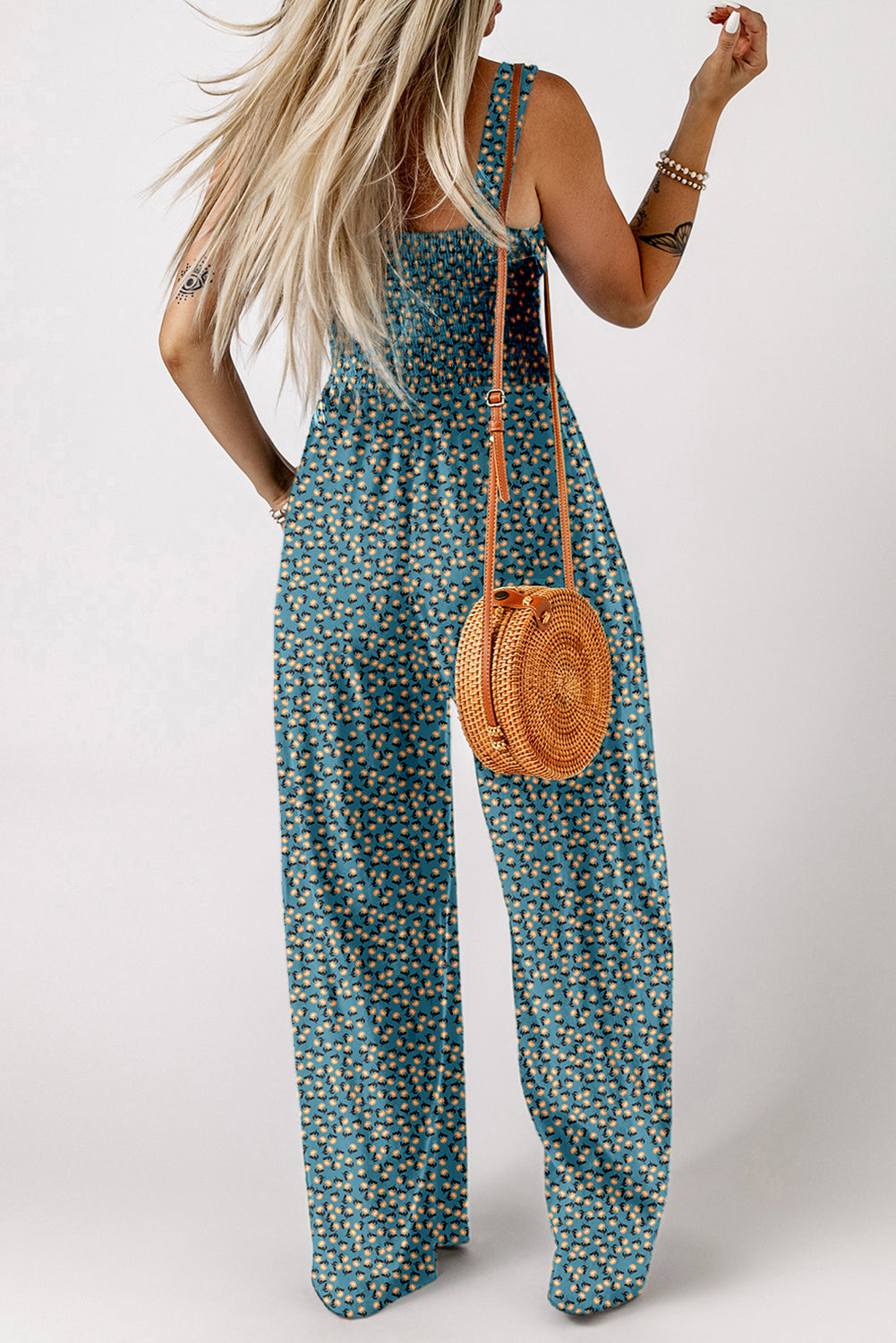 Purple Floral Print Smocked High Waist Square Neck Jumpsuit