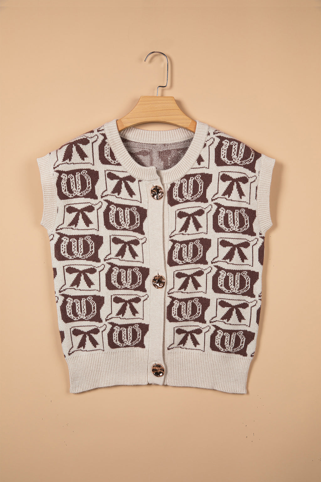 Brown Western Horseshoe Bow Pattern Button Front Sleeveless Knit Sweater