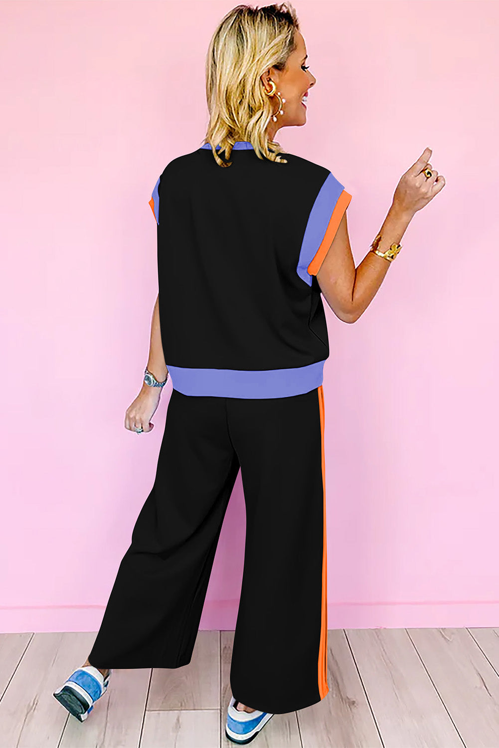 Racing Red Color Block Detail Casual Two-piece Set