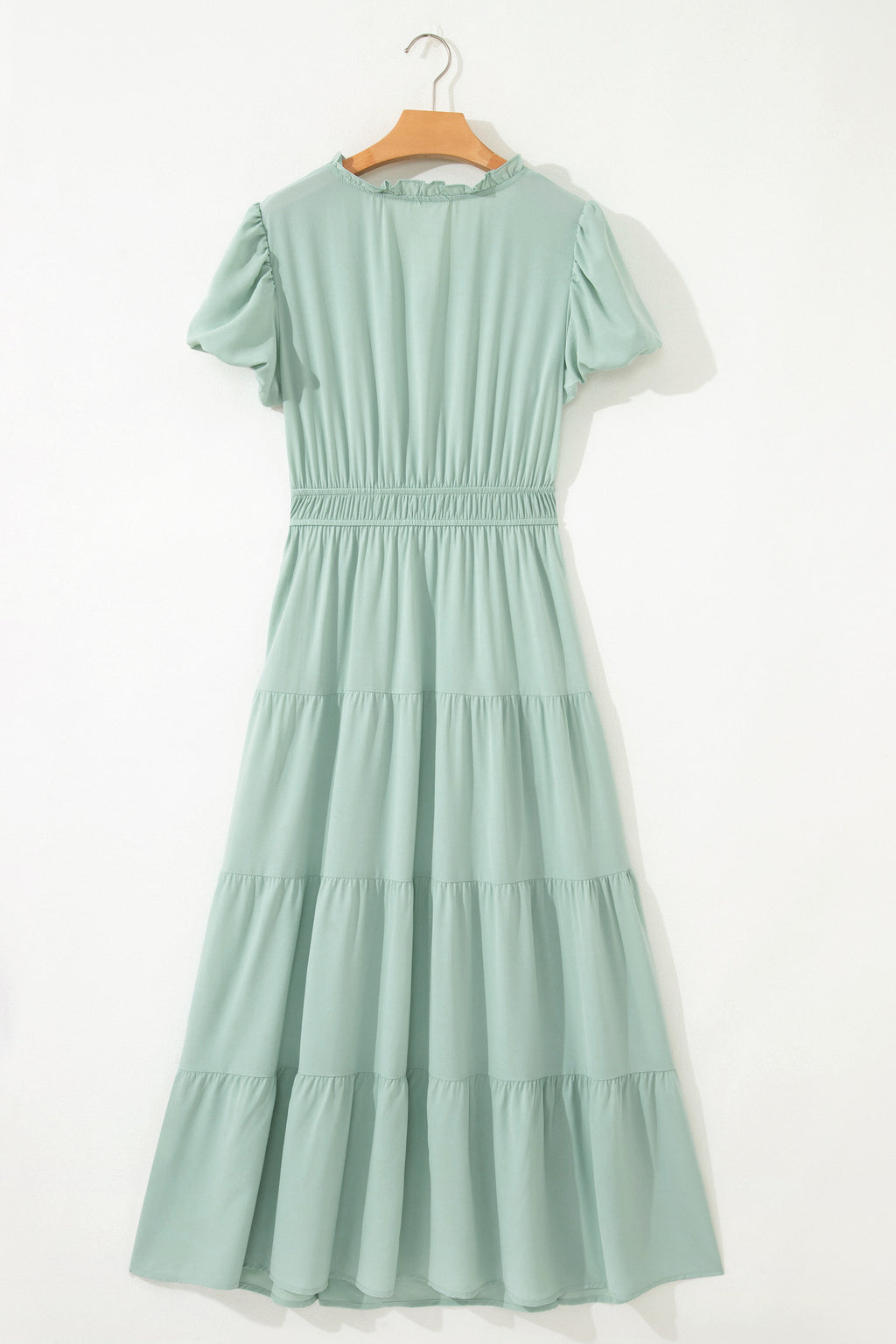 Bright Green Solid Color V Neck Short Puff Sleeve High Waist Tiered Maxi Dress