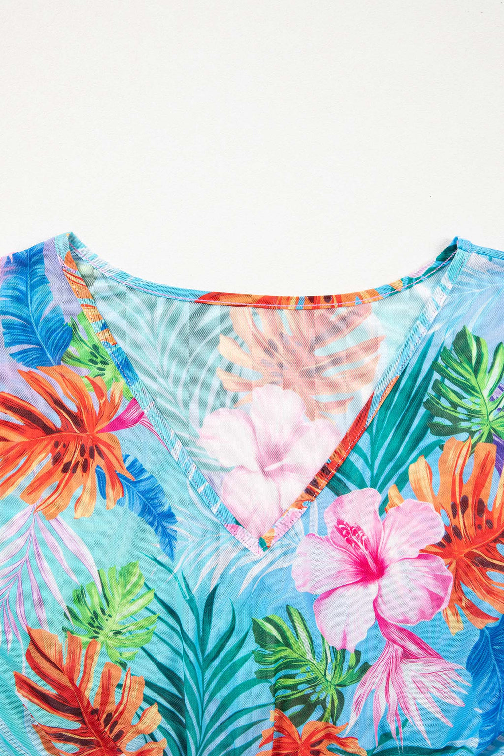 Sky Blue Tropical Print V Neck Semi Sheer Beach Cover Up Dress