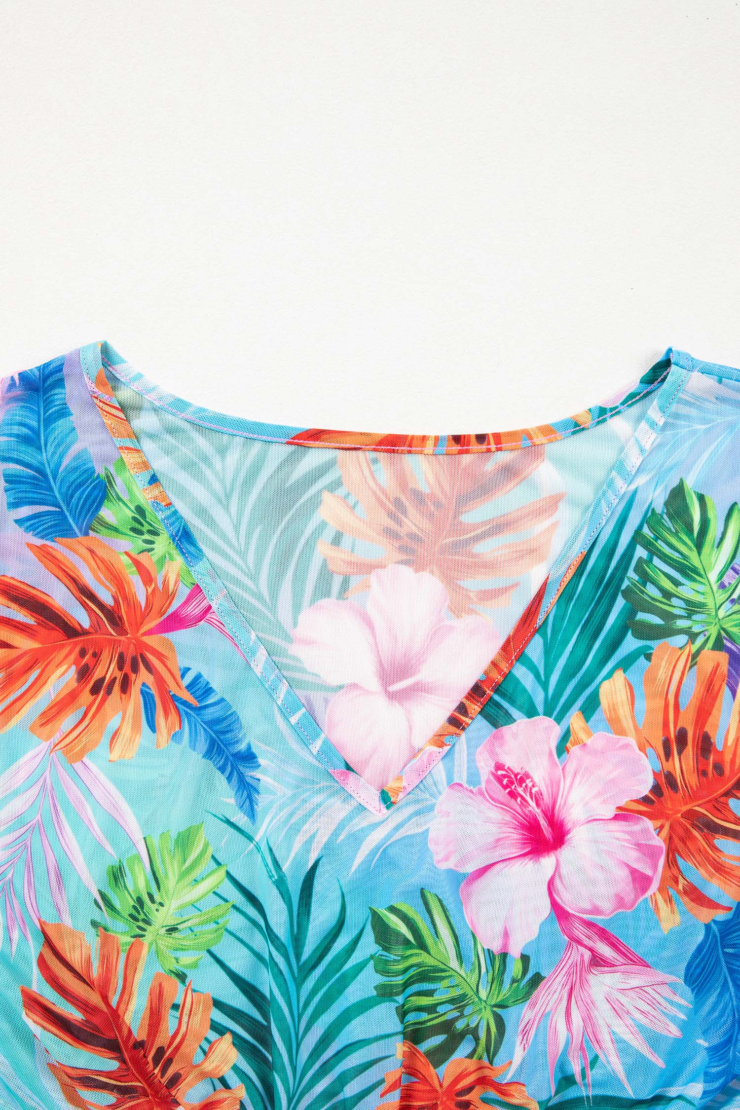 Sky Blue Tropical Print V Neck Semi Sheer Beach Cover Up Dress