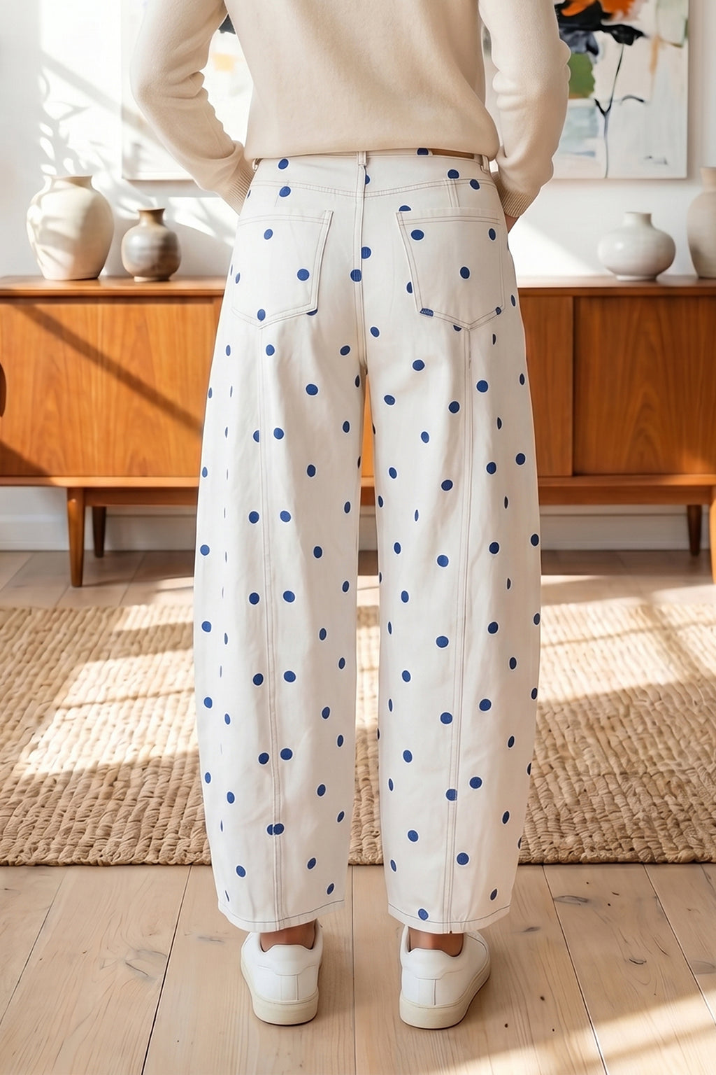 Blue Polka Dot Print Seam Detail Barrel Jeans