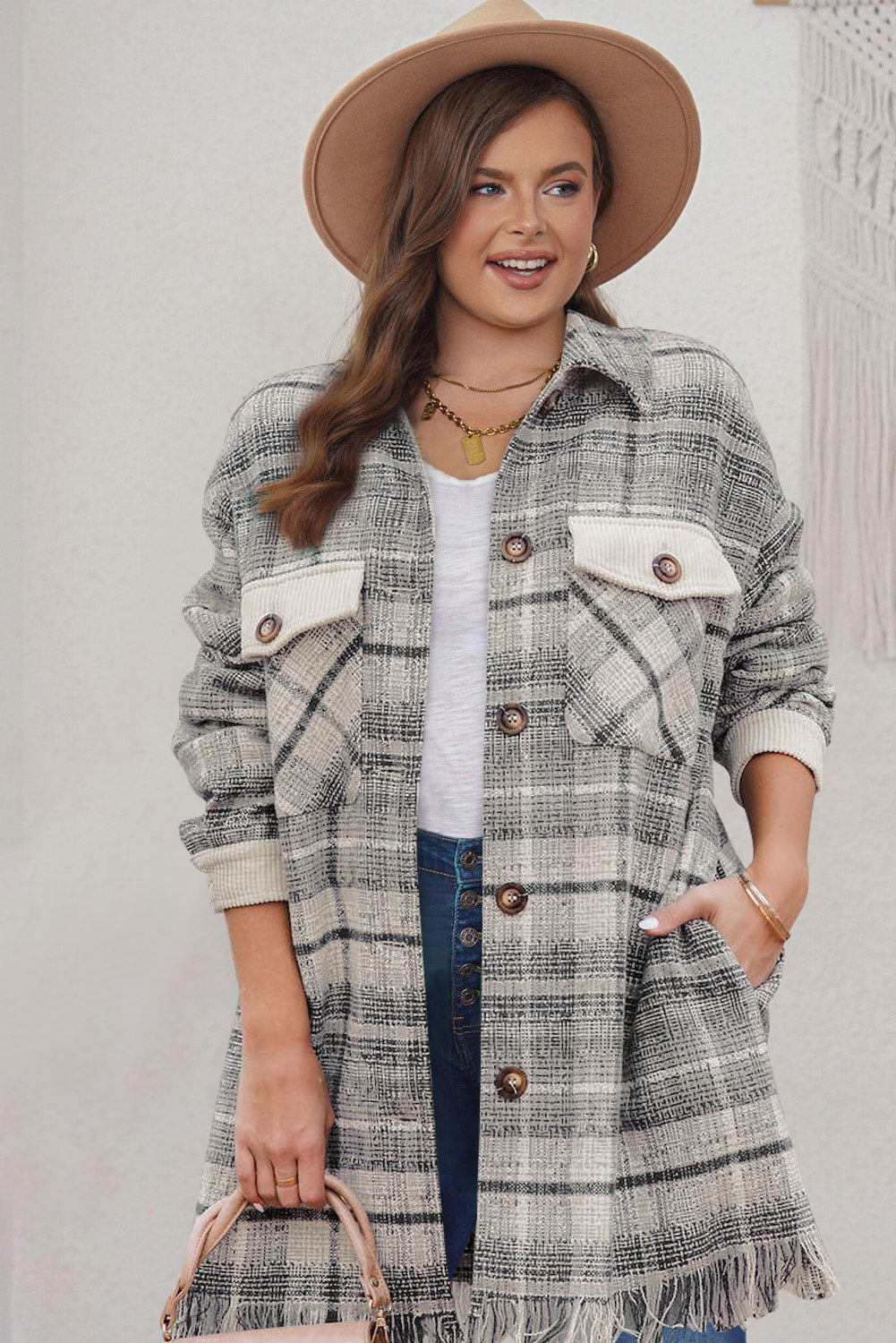 Gray Plus Size Macrame Plaid Coat