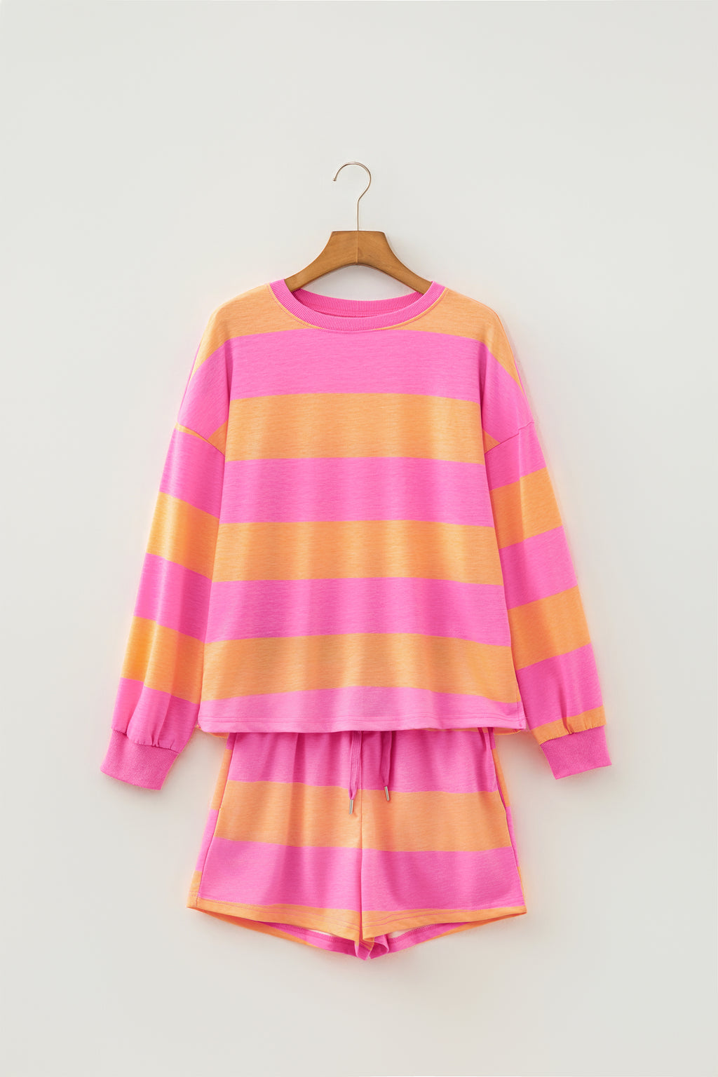 Pink Stripe Long Sleeve Casual Top Drawstring Shorts 2pcs Set