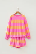 Pink Stripe Long Sleeve Casual Top Drawstring Shorts 2pcs Set