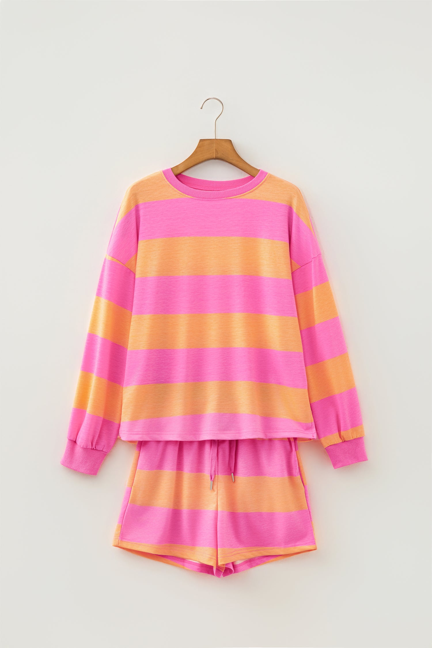 Pink Stripe Long Sleeve Casual Top Drawstring Shorts 2pcs Set