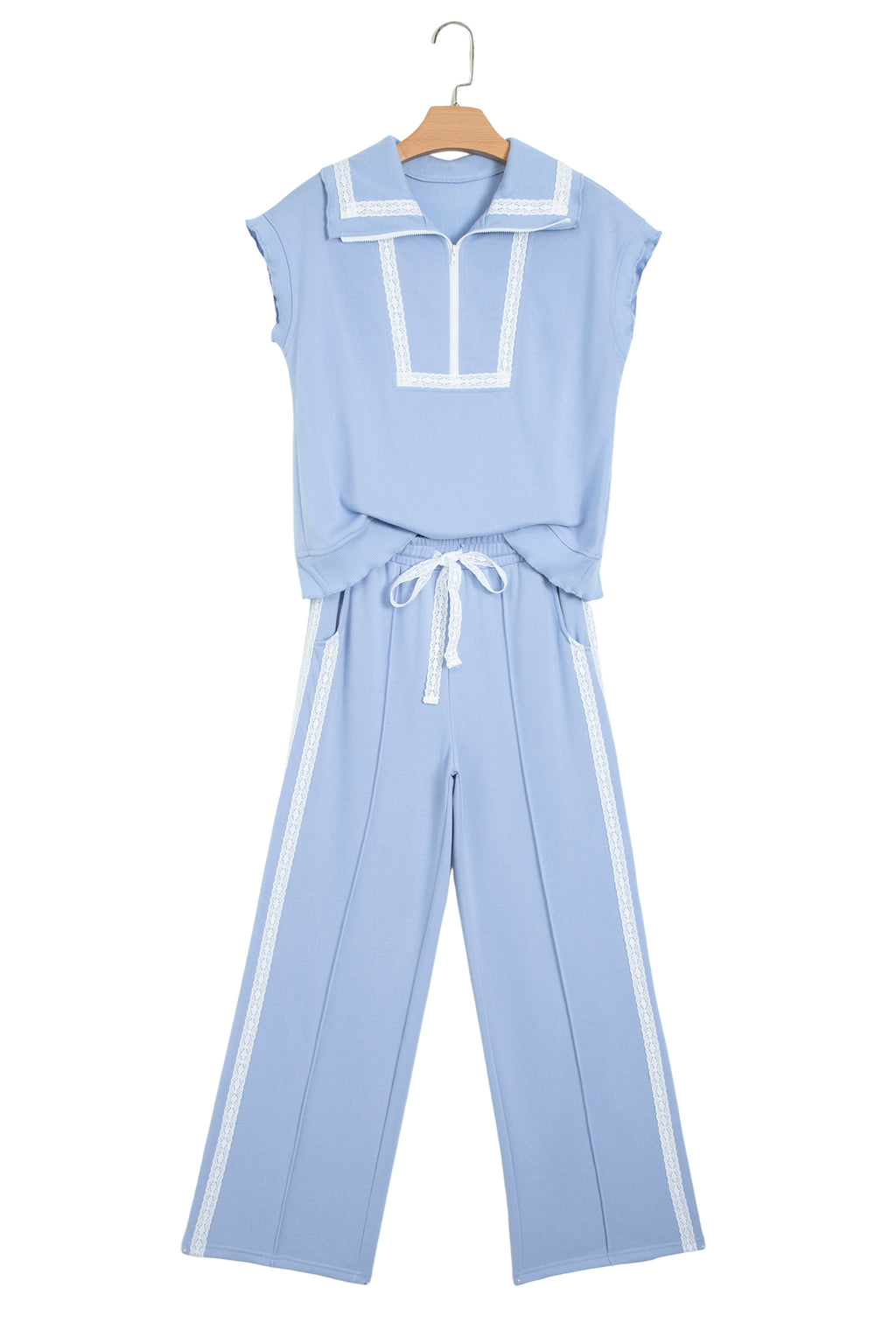 Sky Blue Lace Accent Zipped Collar Short Sleeve Top Sweatpants Set