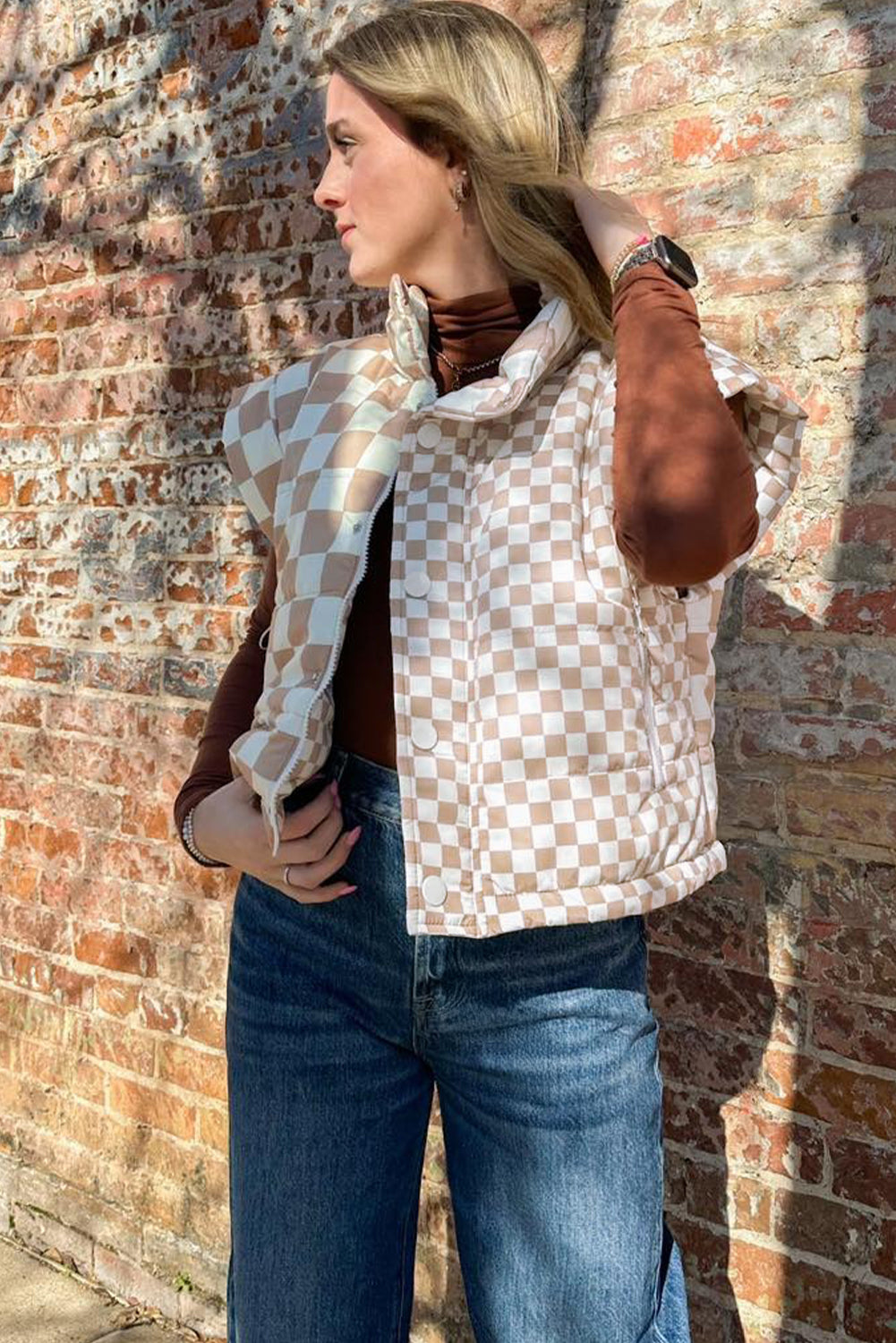 Khaki Contrast Plaid Quilted Button Zip Up Vest