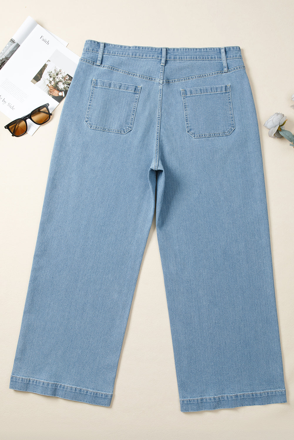 Dusk Blue Patched Pocket Textured Wide Leg Plus Size Jeans