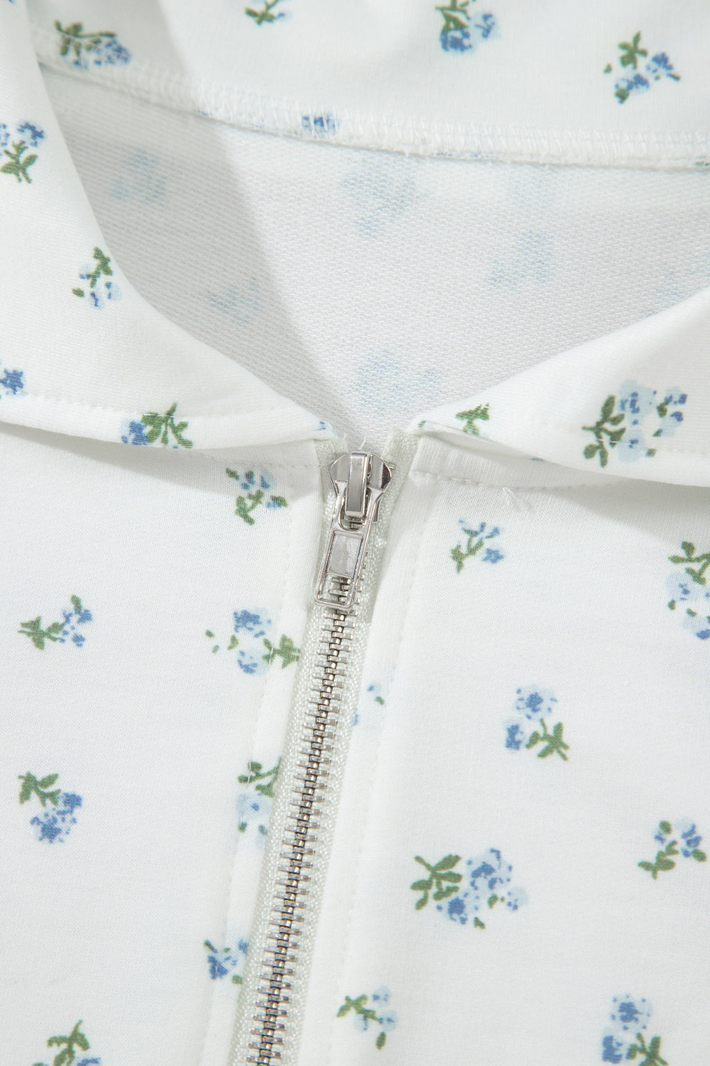 White Floral Print Half Zip Top Matching Short Set