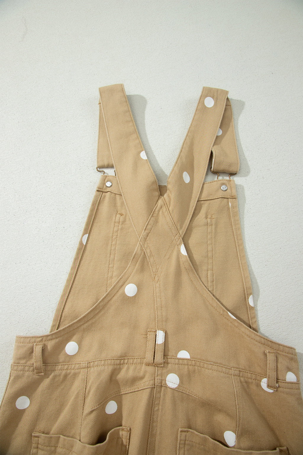 Light French Beige Polka Dot Print Bib Pocket Denim Barrel Overalls Jumpsuit
